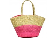 Straw Tote: Woven Wheat Straw Tote - 2 Tones - Pink - BG-R11053PK